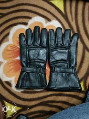 Pair Of Black Leather Motorcycle Gloves