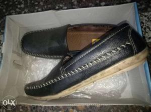 Pair Of Black-and-beige Leather Slip-on Shoes With Box