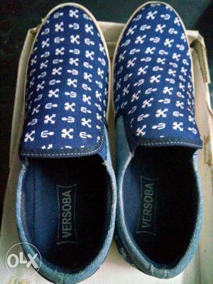 Pair Of Blue-and-white Versoba Slip-on Plimsolls