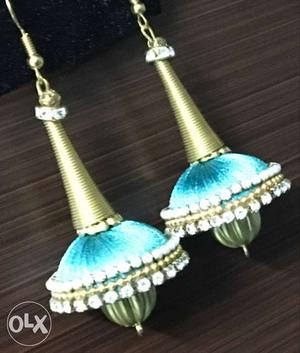 Pair Of Gold-and-teal Jhumkas Earrings