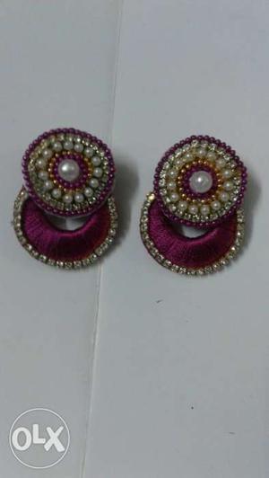 Pair Of Purple-and-white Pearl Jhumka Earrings