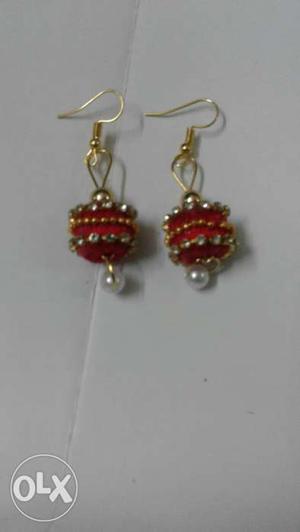 Pair Of Red-and-gold Dangling Hook Earrings