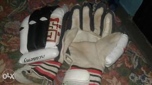 Pair Of White-black-and-red Gloves