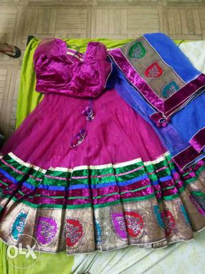 Pink, Blue, And Brown Flora Ghagra Choli Traditional Dress