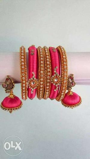 Pink-and-orange Silk-thread Bangles And Jhumka Earrings Set