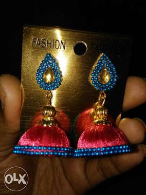 Red And Blue Beaded Silk Thread Earrings