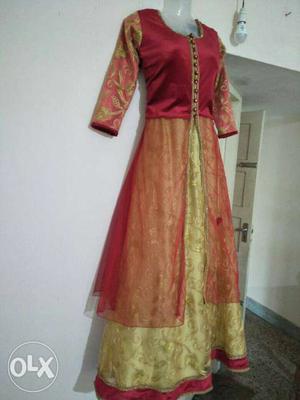 Red, Yellow, And Brown Silk Long-sleeved Traditional Dress