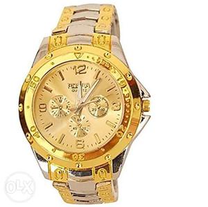 Round Gold Rosra Chronograph Watch With Gold Link Bracelet