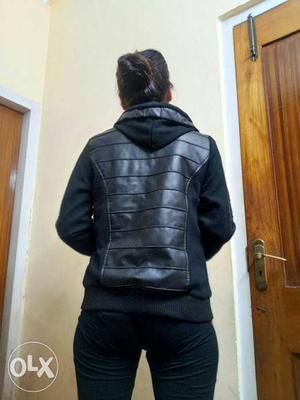 Women's Black Leather Hooded Jacket