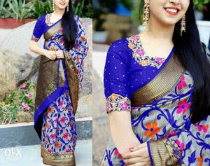 Women's Blue And Multicolored Floral Sari Dress
