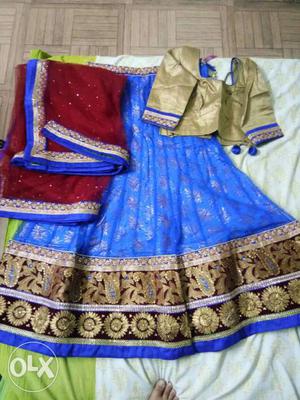 Women's Brown And Blue Sari Dress And Maroon Dupatta Scarf