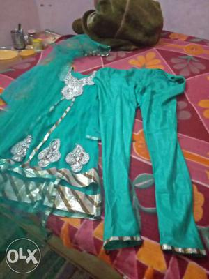 Women's Green And Silver Churidar Dress