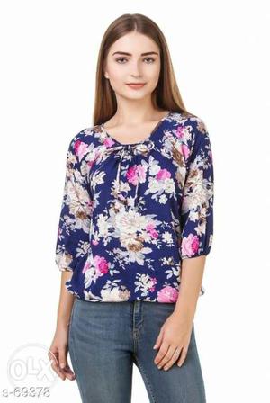 Women's Purple, White, And Pink Floral 3/4-sleeved Top