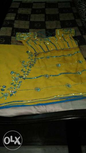 Yellow And Blue Beaded Cap Sleeve Sari