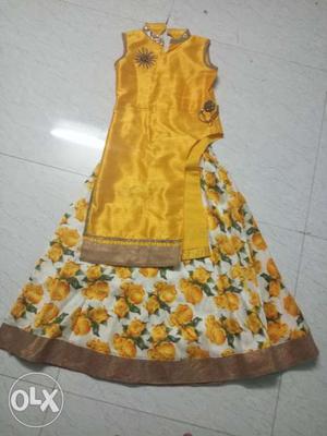 Yellow, Brown, And White Floral Traditional Dress for 7 to 9