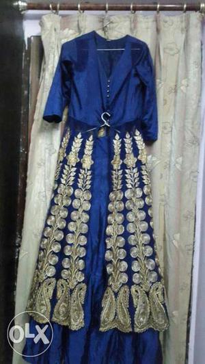 Blue anarkali dress with skirt with golden reshem