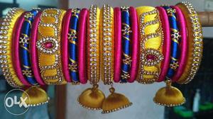 Gold-colored And Blue Thread Bangle Lot