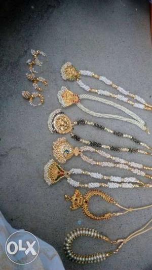 Gold-colored And White Beaded Necklace And Earrings Lot