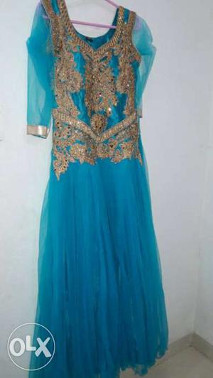 New dress Blue Net And Golden work Floral Long-sleeved Dress