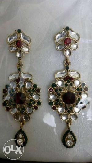 Pair Of Gold-colored Gemstones Hook Earrrings