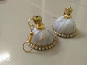 Pair Of Gold-colored-and-white Thread Jhumkas