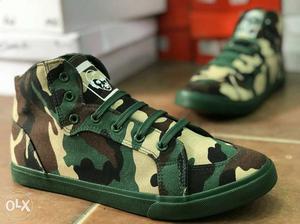 Pair Of Green-black-and-brown Camouflage Adidas Mid-tops