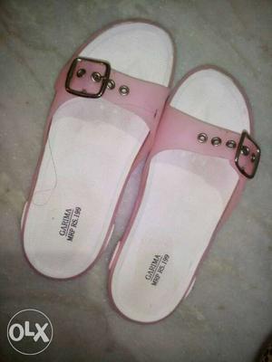 Pair Of White-and-pink Slide On Sandals