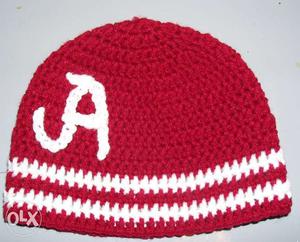 Red And White Knitted Beanie with any alphabet which u like.