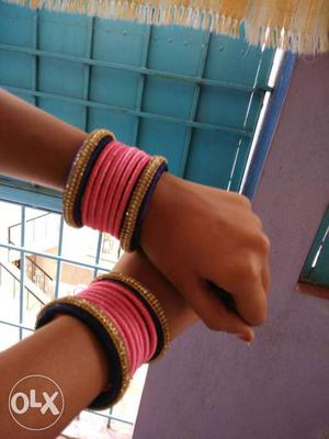 Two Pink-and-gold-colored Diamond Thread Bangles