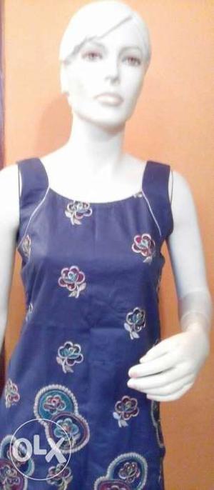 Women's Blue And brown Floral Sleeveless Dress with