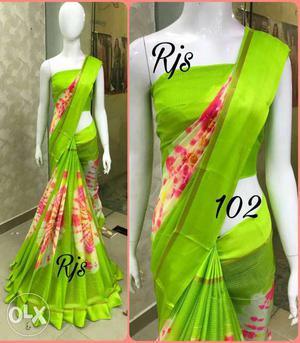 Women's Green And Red Floral Sari Traditional Dress