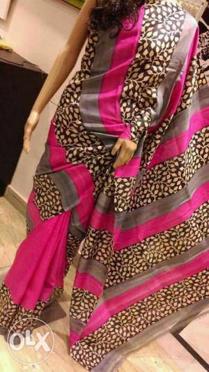 Women's Pink, Grey, And Brown Striped Traditional Dress