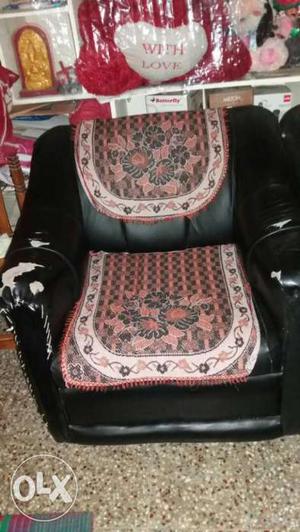 Black Leather Brown And White Floral Covered Sofa Chair