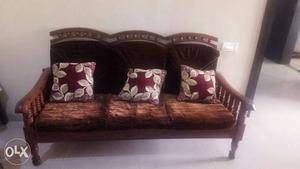 Brown Wooden Framed Brown Fabric Padded Sofa