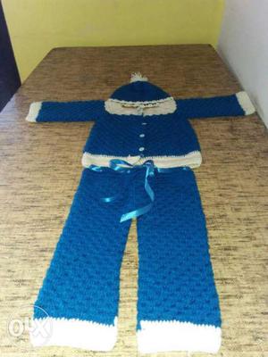 Blue And White Knitted Shirt, Hat And Pants Set