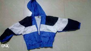Blue, Black, And White Zip-up Hooded Jacket