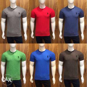 Blue, Red, And Gray Crew-neck Shirts