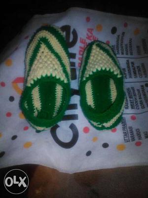 Pair Of White-and-green Knitted Socks