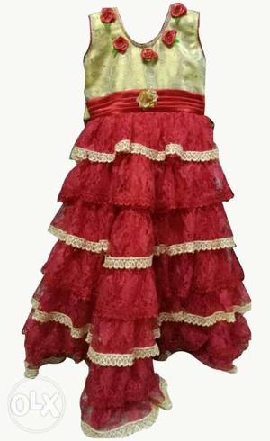Red And Gold Frill Frock For Kids,size 26 new piece