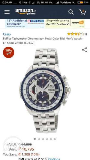 Round Silver Chronograph Watch With Silver Link Bracelet