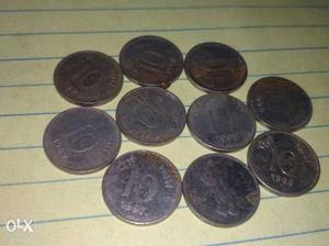 Ten 10 Indian Paise Coins