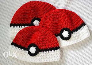 Three Red-and-white Pokemon Pokeball Knit Caps