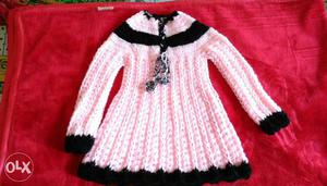 Toddler's Pink Knitted Long-sleeved Dress With Black Trim