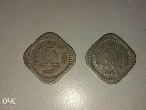 Two 5 Indian Paise Silver-colored Coins