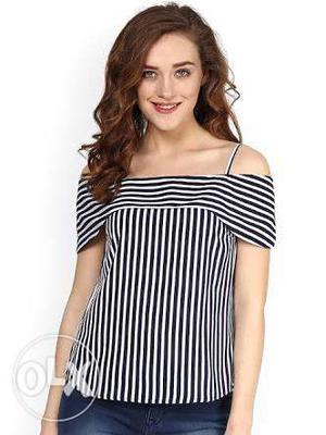 Women's Blak And White Stripes Off Shoudler Shirt And Blue