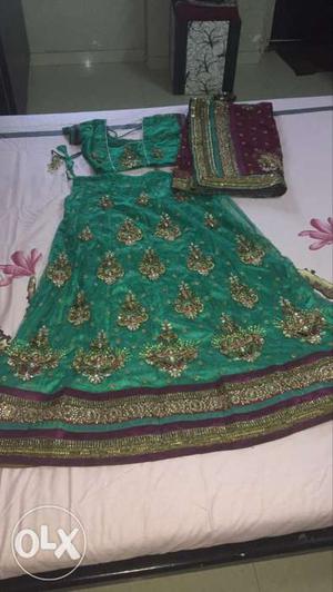Women's Green And Gray Sari Dress
