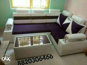 Purple And White Fabric Corner Sofa