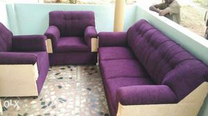 Purple Fabric Sofa Set With Throw Pillows