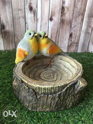 Two Birds With Wood Plunk Bird Bath / Bird Feeder