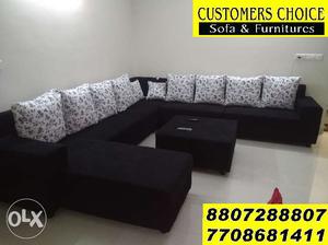 Black Fabric Sectional Sofa With Ottoman